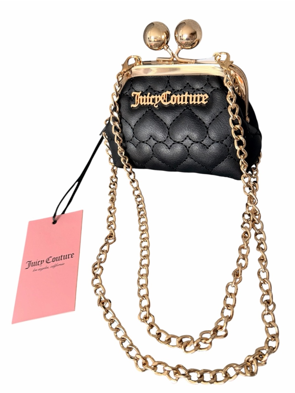Juicy Couture Black Quilted Mini Kiss-Lock Crossbody with Gold Chain